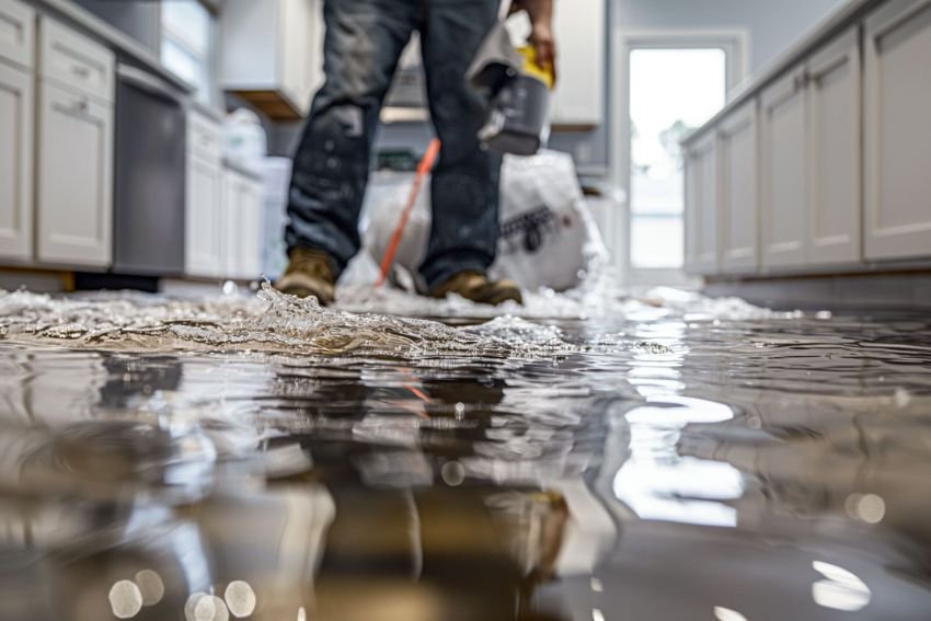 In a flooded kitchen, a man uses a vacuum cleaner, representing water damage restoration services in Chicago, IL.